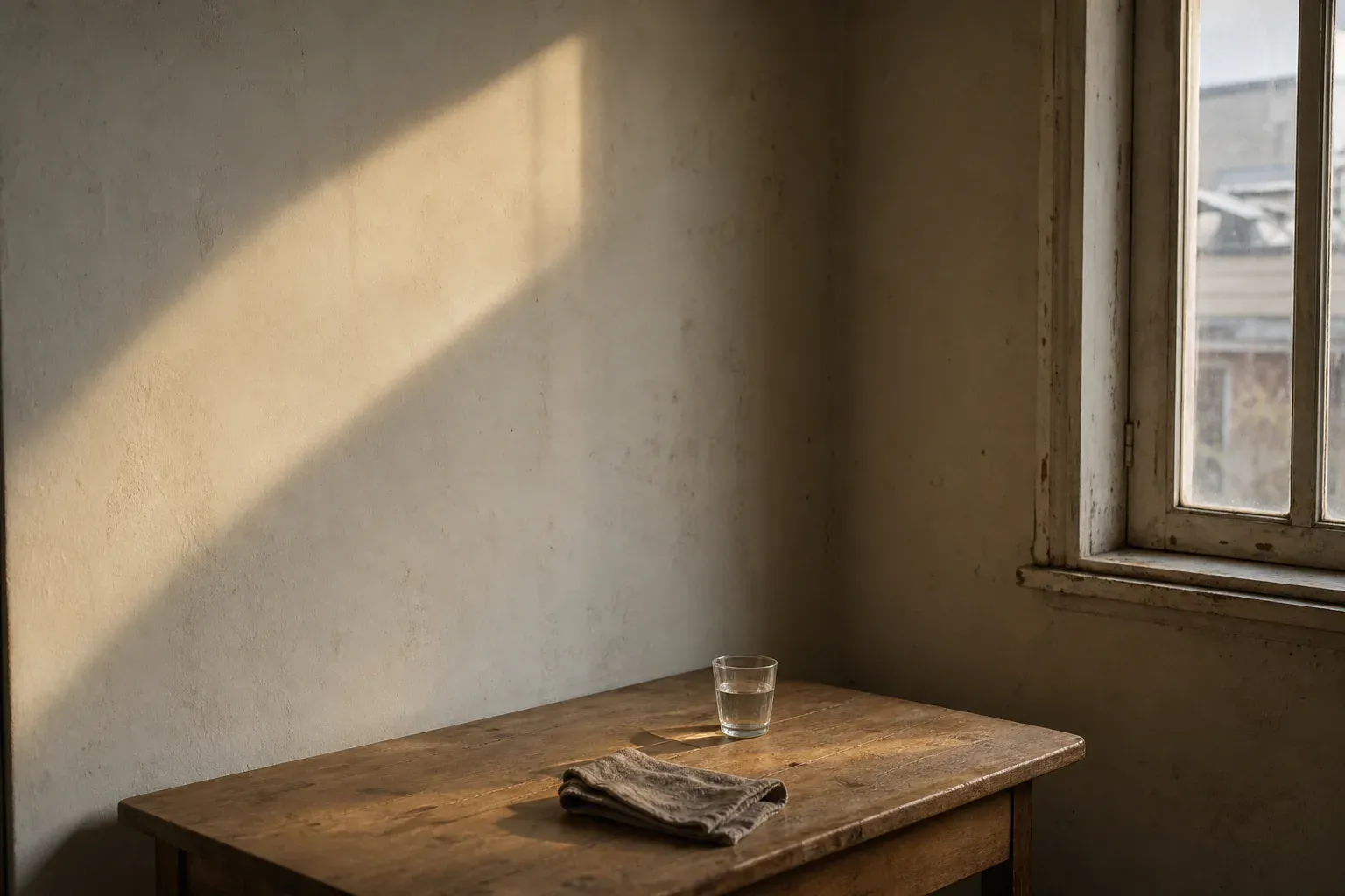 Late sunlight crosses a worn cream wall above a wooden table.