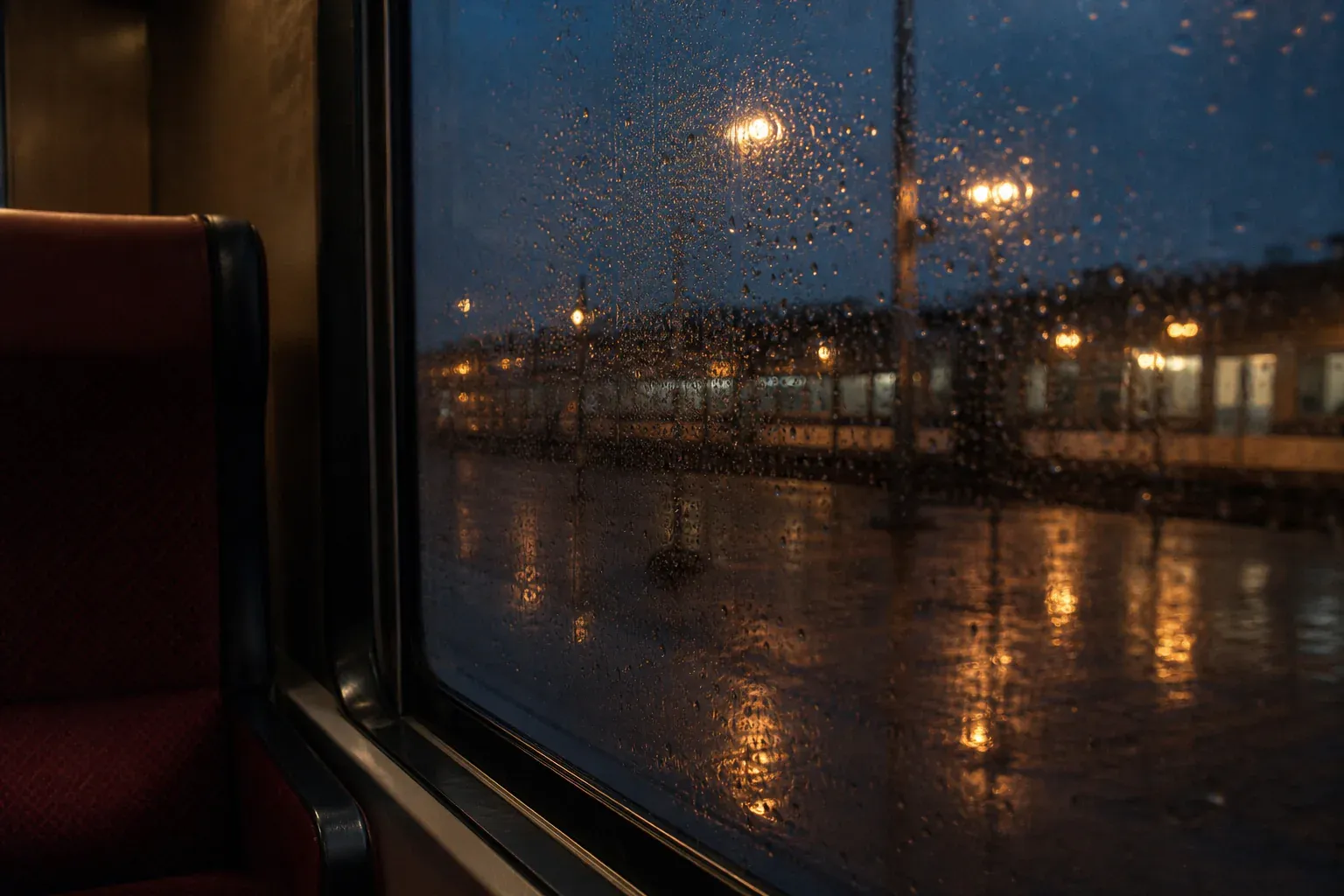 Rain beads on a train window while amber platform lights blur beyond the glass.