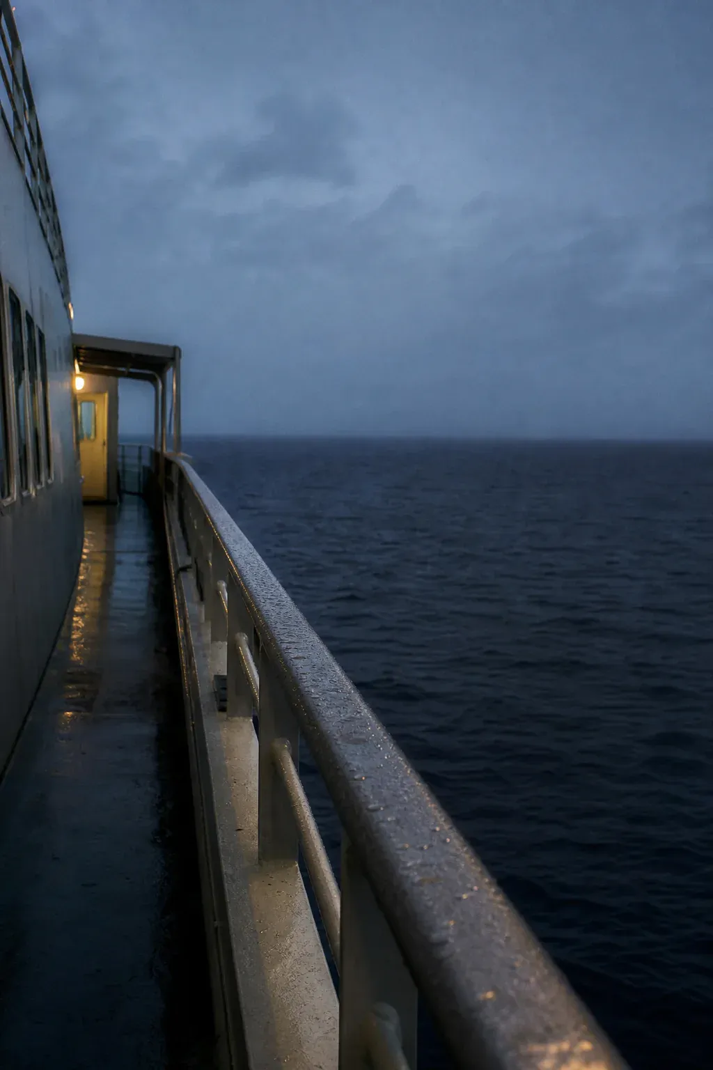 An empty wet ferry deck and metal railing lead toward a dark open sea.