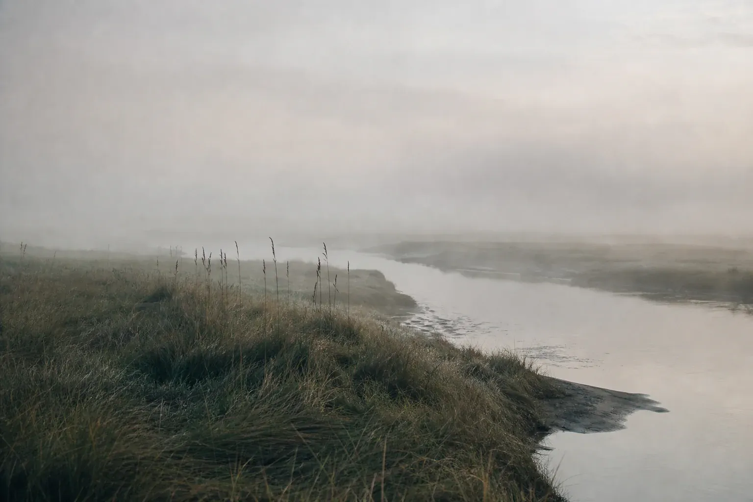 A tidal creek disappears into pale morning fog.
